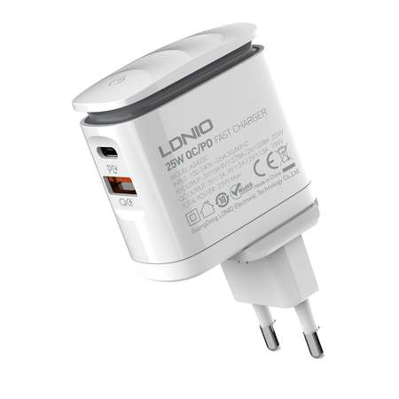 Сетевое зарядное устройство LDNIO A2423C + LED свет + кабельPD/PD + QC 3.0 / 2×USB 3-12V 25W / белый
