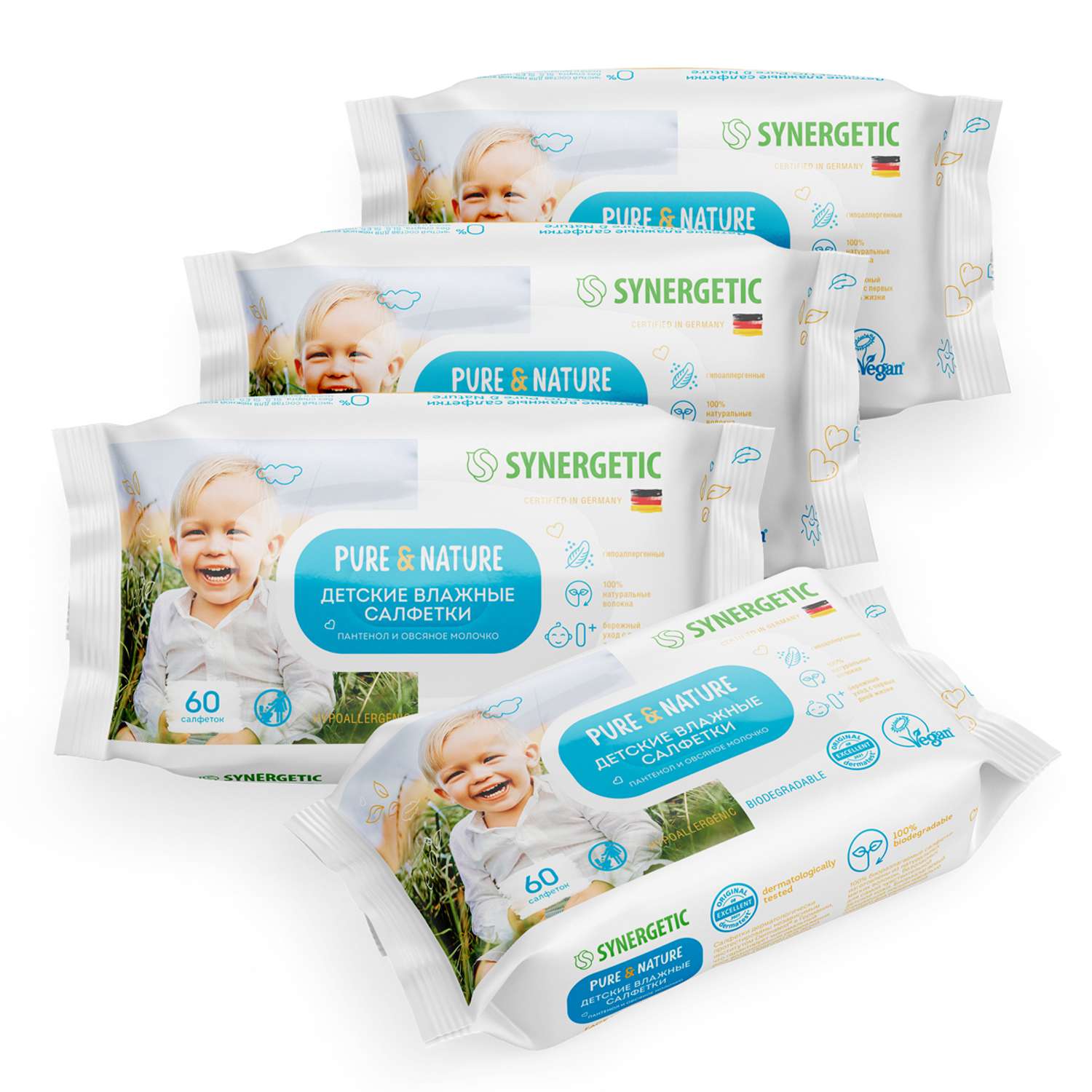 Салфетки влажные для детей SYNERGETIC Pure Nature пантенол и овсяное молочко 4 упаковки по 60 шт - фото 2