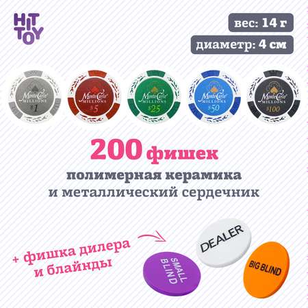 Покерный набор HitToy Monte Carlo 200 фишек с номиналом в чемодане