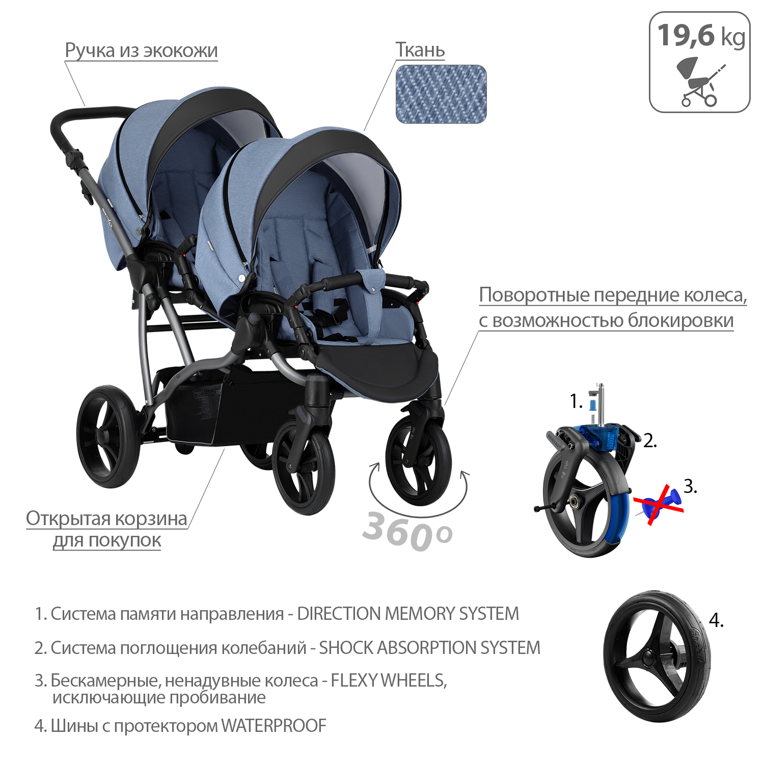 Коляска прогулочная для двойни Bebetto 42 Sport Comfort 02 шасси Графит - фото 5