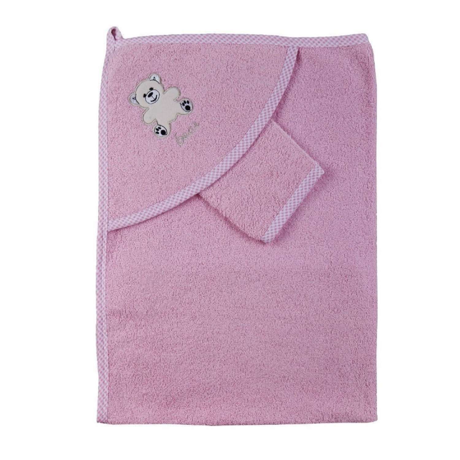 Набор для купания малыша M-BABY махровое полотенце с уголком и рукавичка 100% хлопок аист/розовый - фото 1