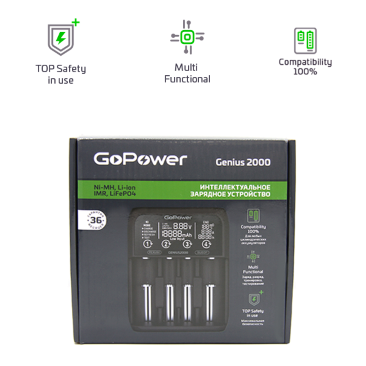 Сетевое зарядное устройство GoPower Genius2000 Ni-MH/Ni-Cd/Li-ion/IMR/LiFePO4 4 слота - фото 3