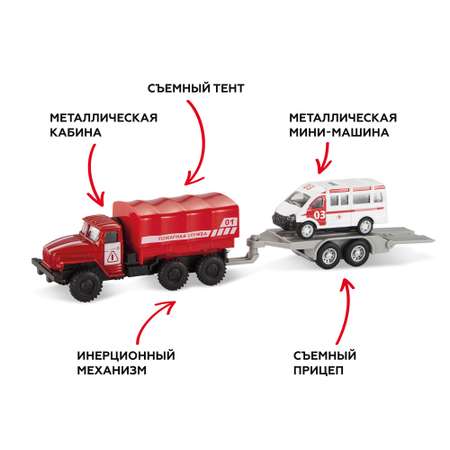 Машинки металлические Пламенный мотор набор машинок Пожарная служба грузовик с прицепом инерционный