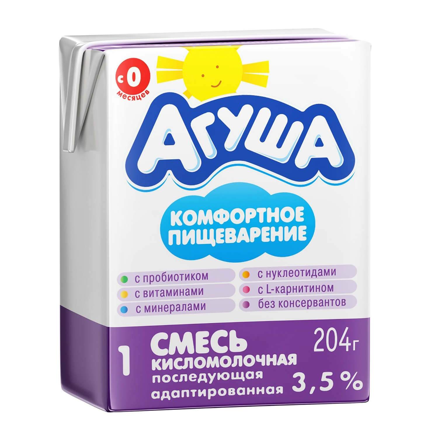 Смесь Агуша 1 сбалансированная кисломолочная 3.5% 0.2л с 0 месяцев купить  по цене 40.9 ₽ в интернет-магазине Детский мир