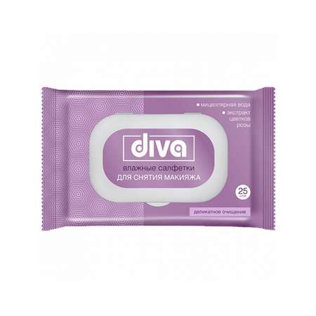 Влажные салфетки Diva Для снятия макияжа с мицеллярной водой и розой 25шт