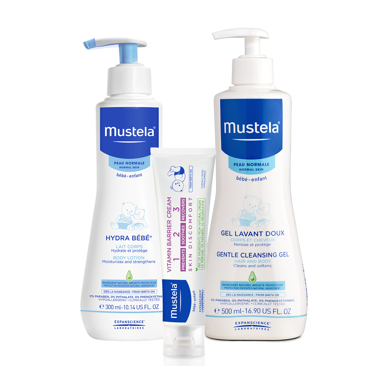 Набор подарочный Mustela Bebe для новорожденных мягкий гель для купания 500мл+молочко для тела 300мл+крем под подгузник 50мл - фото 1