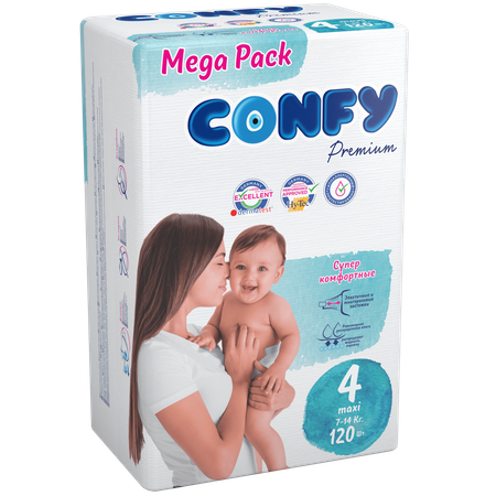 Подгузники детские CONFY Premium Maxi размер 4 7-14 кг Mega упаковка 120 шт CONFY