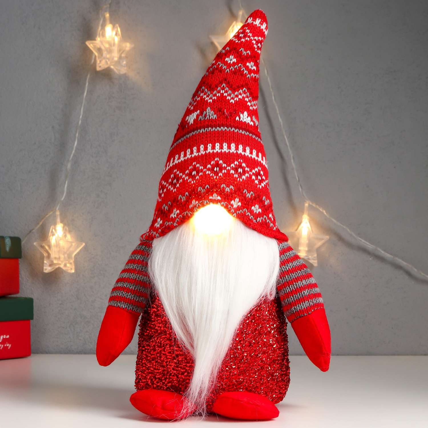 Кукла интерьерная Зимнее волшебство «Дед Мороз светящийся нос в красном колпаке с узорами» 33х17х12 см - фото 1