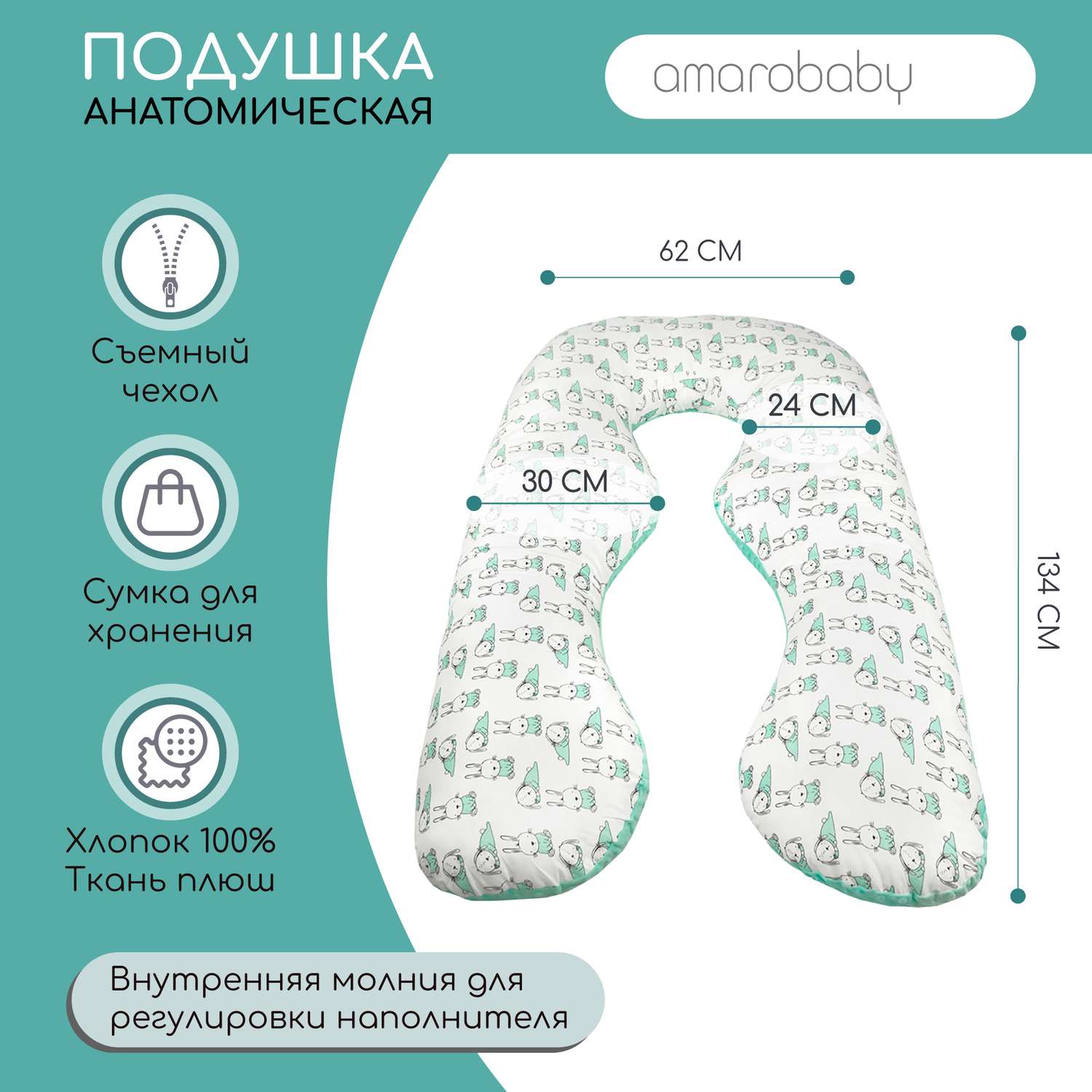 Подушка для беременных AmaroBaby анатомическая 340х72 см Зайчик мята - фото 2