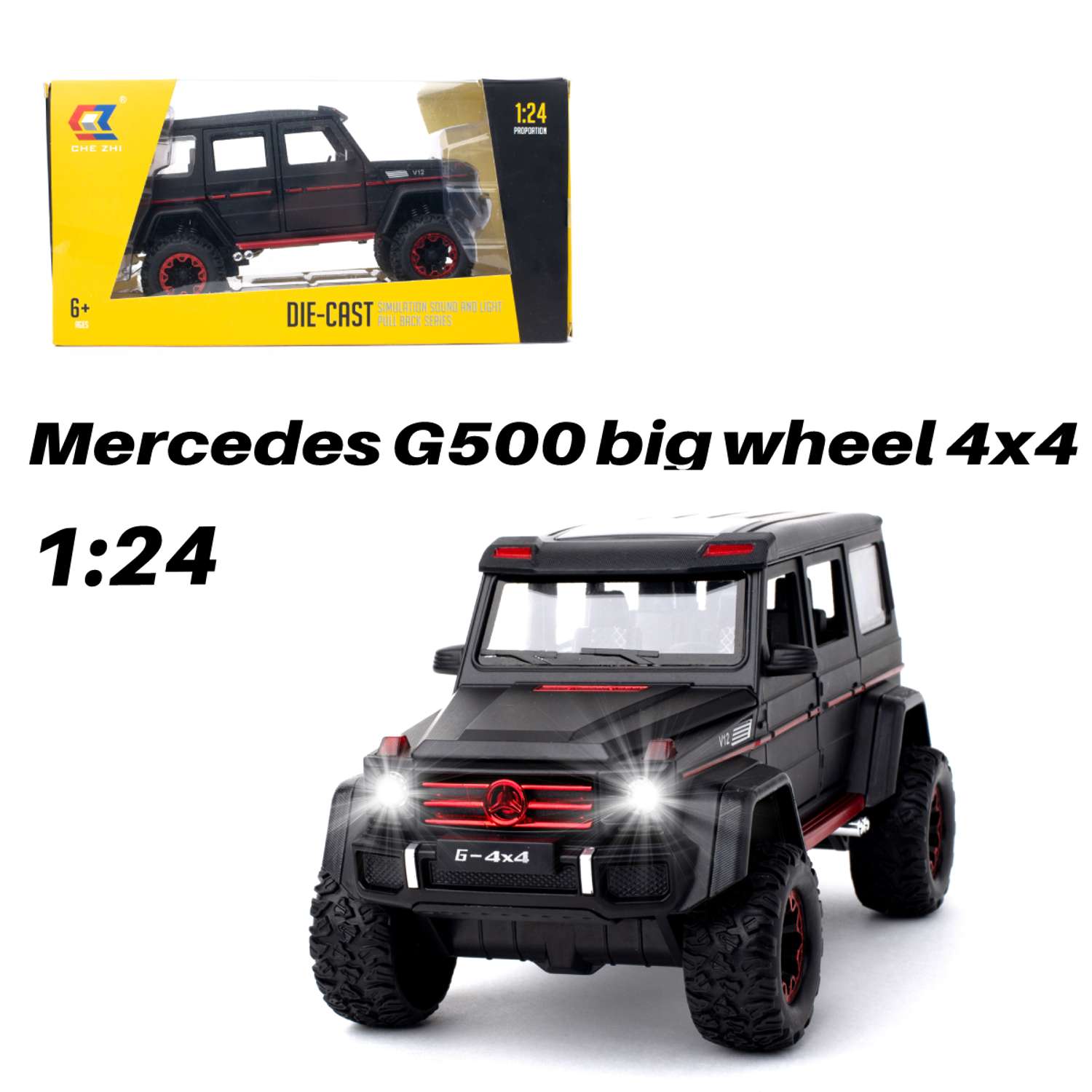 Машинка игрушка железная 1:24 Che Zhi Mercedes G500 big wheel 4x4 CZ117Bblk - фото 1