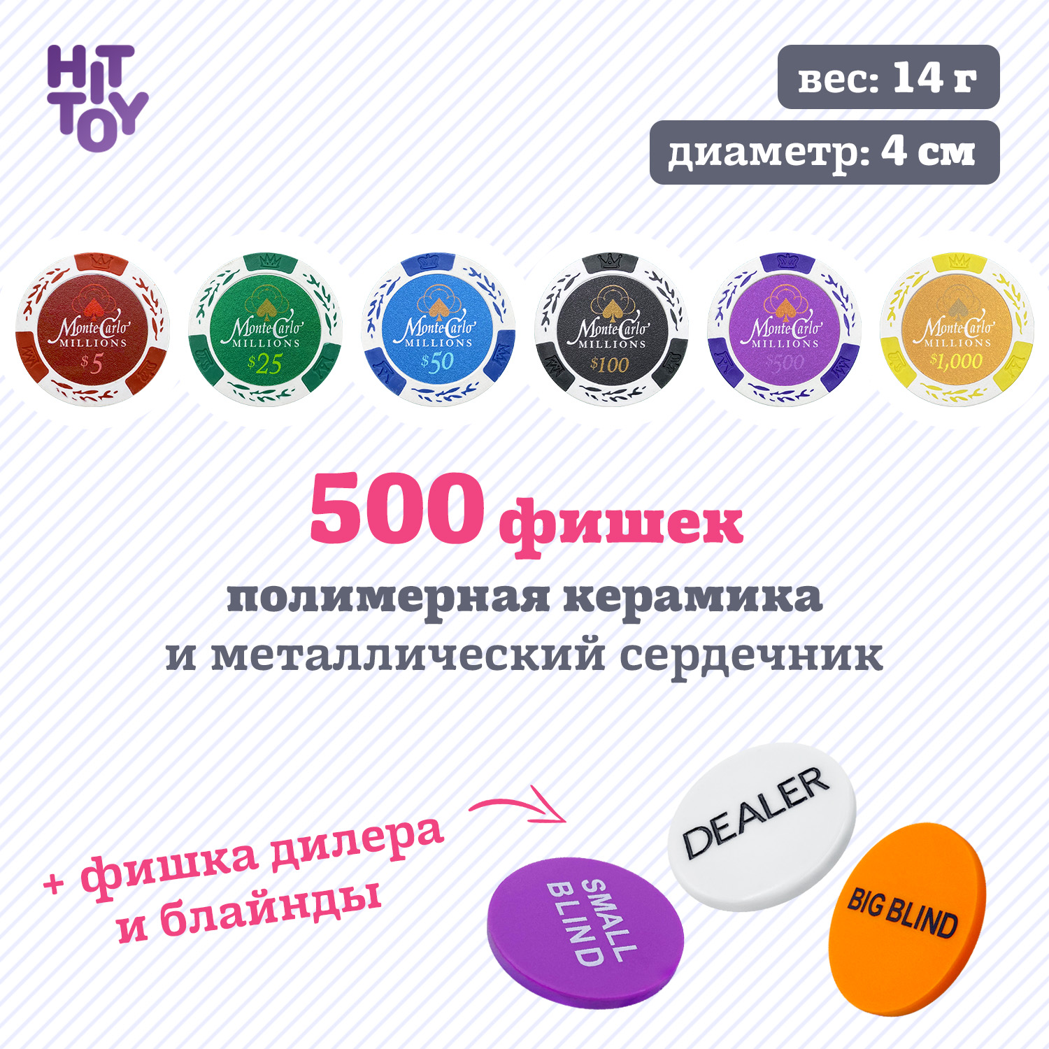 Покерный набор HitToy Monte Carlo 500 фишек с номиналом в чемодане - фото 3