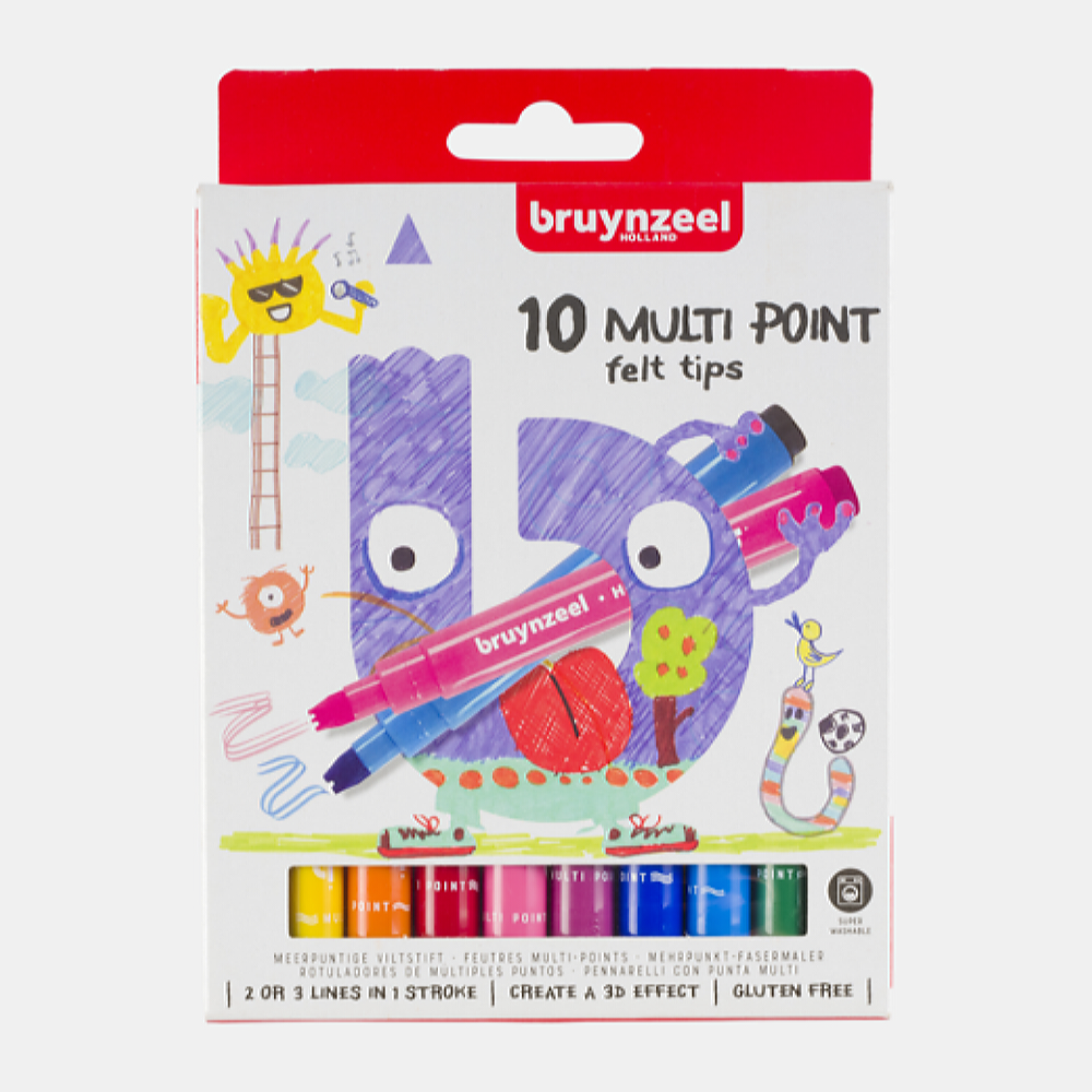 Набор фломастеров Bruynzeel Kids Multi Point 10 цветов с 3D-эффектом в картонной упаковке - фото 1