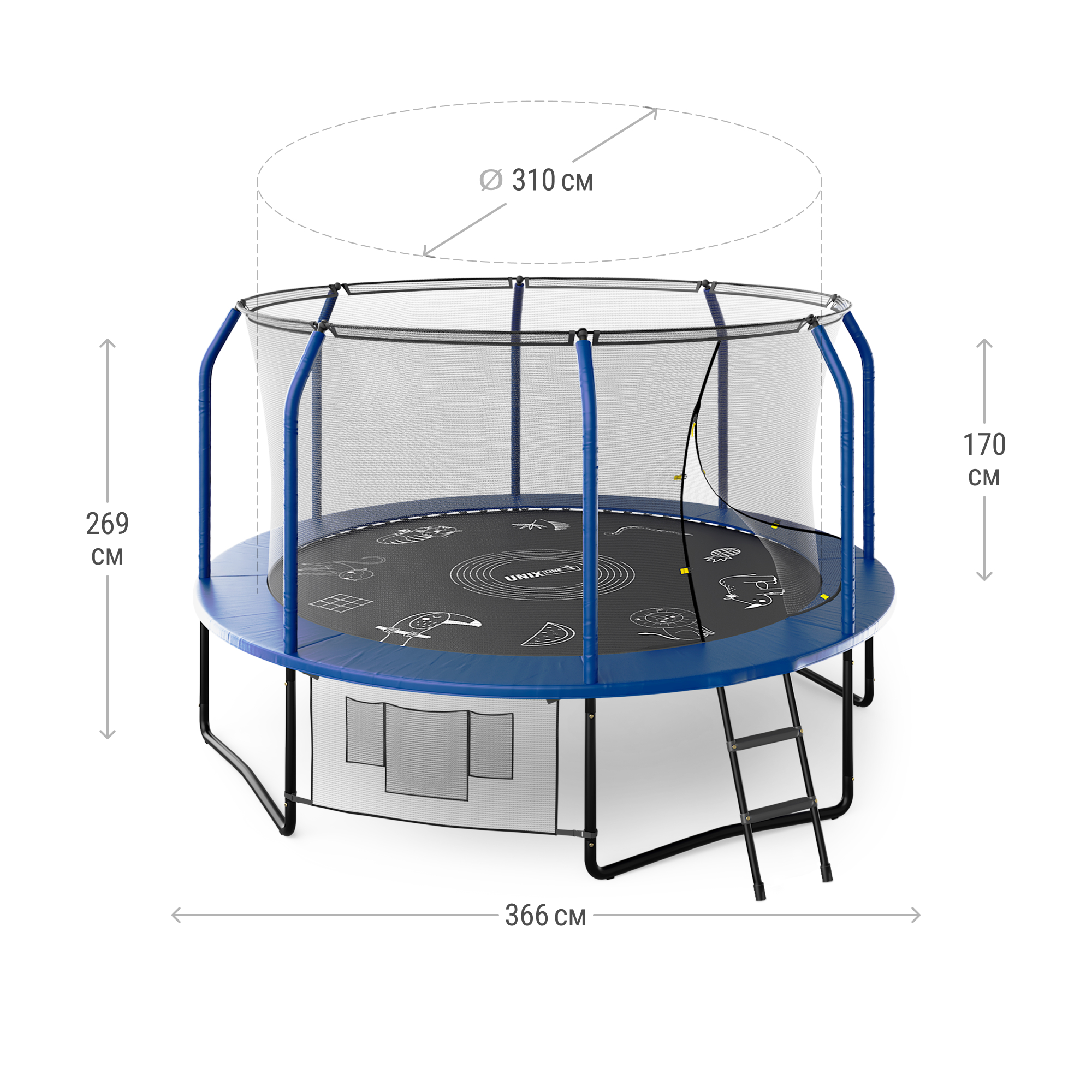 Батут каркасный Supreme game UNIX line 12 ft Blue общий диаметр 366 см до 160 кг диаметр прыжковой зоны 310 см - фото 2