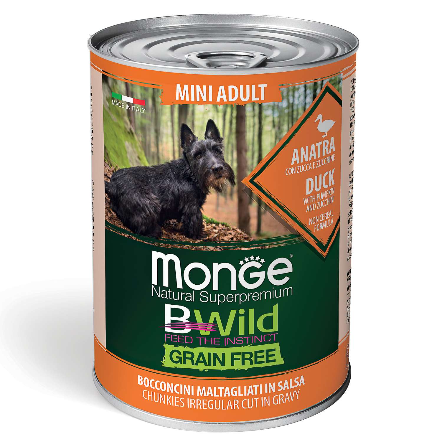 Корм для собак MONGE BWild Grain free Mini мелких пород из утки с тыквой и кабачками консервированный 400г - фото 1