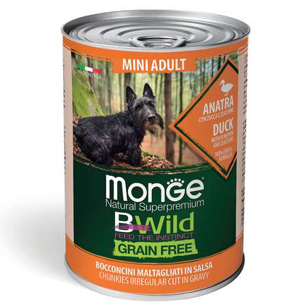 Корм для собак MONGE BWild Grain free Mini мелких пород из утки с тыквой и кабачками консервированный 400г