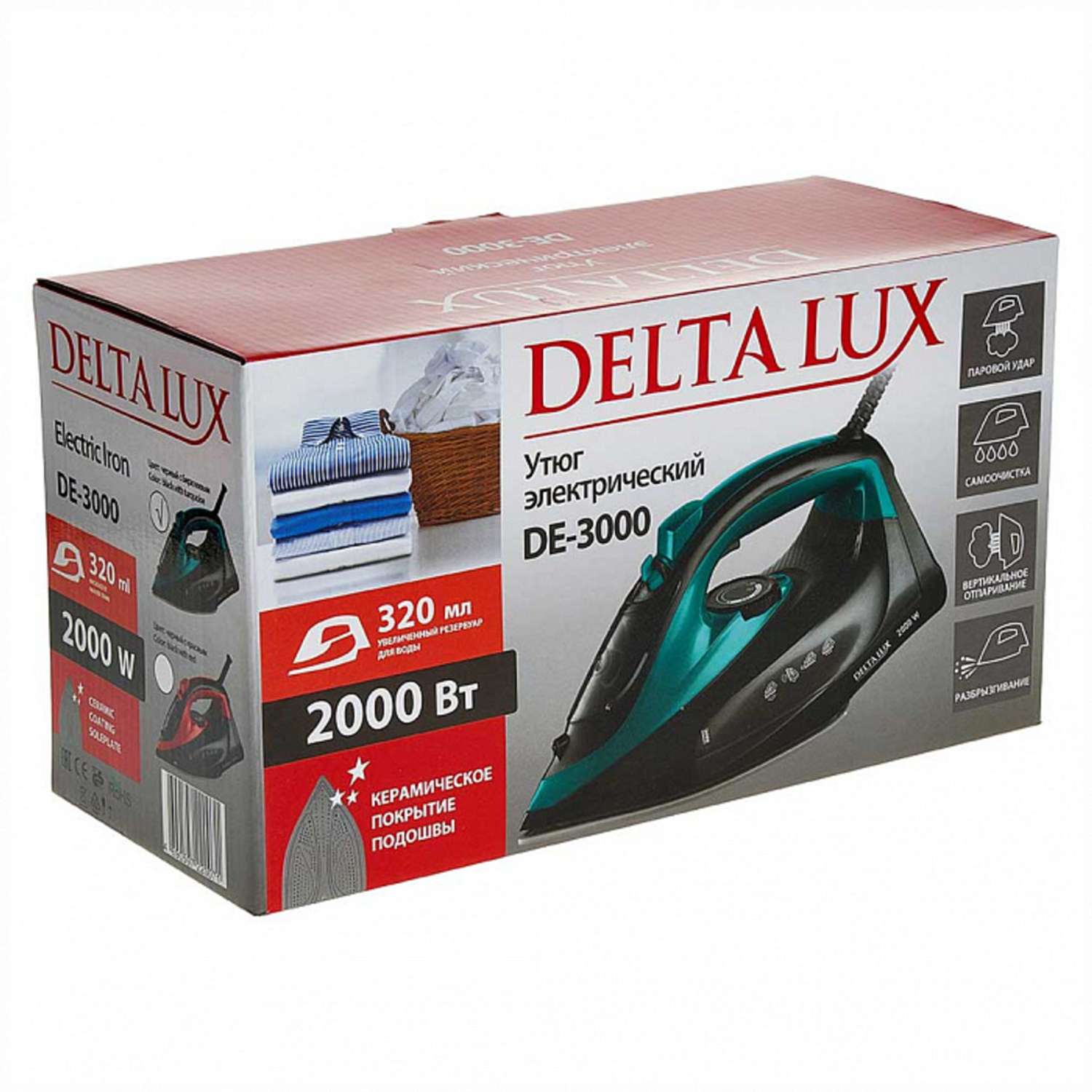 Утюг Delta Lux DE-3000 черный с бирюзовым 2000 Вт керамика самоочистка паровой удар 320 мл - фото 6
