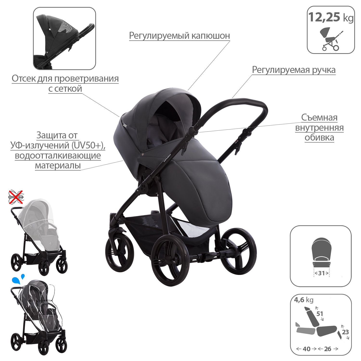 Коляска 2в1 Bebetto Explorer Air Pro экокожа шасси Черное 03 - фото 5