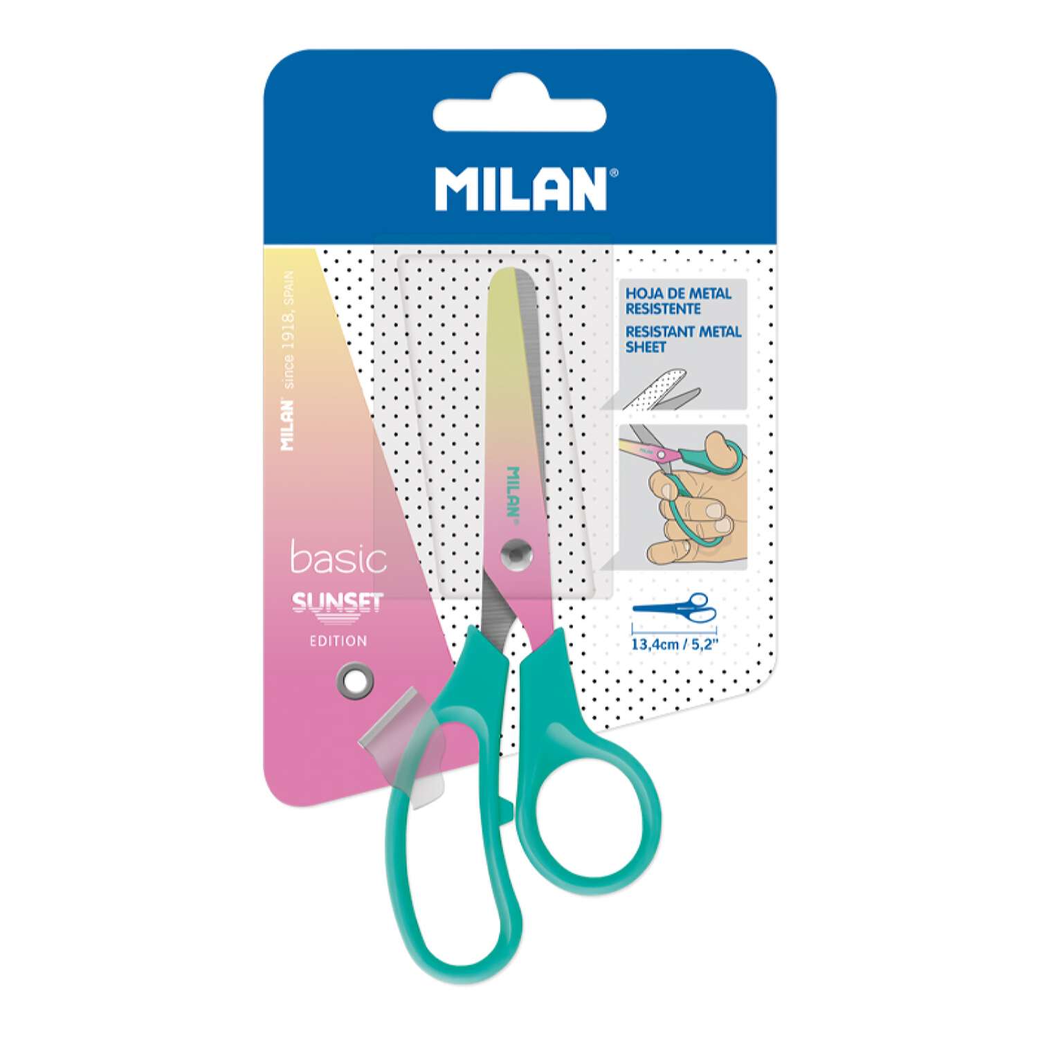 Канцелярские ножницы MILAN Sunset - бирюзовый пластиковый корпус в картонной упаковке - фото 1