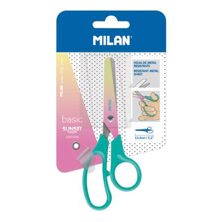 Канцелярские ножницы MILAN Sunset - бирюзовый пластиковый корпус в картонной упаковке