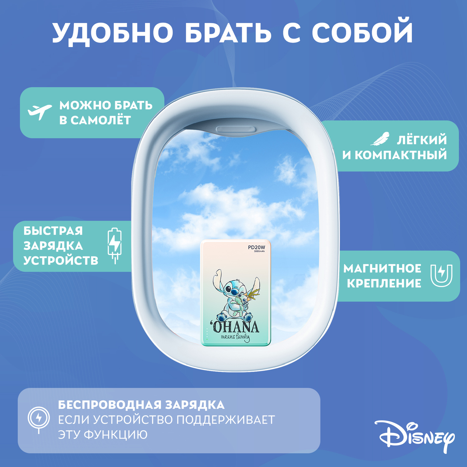 Внешний аккумулятор Disney беспроводной магнитный Лило и Стич 5000 мАч QS-D12 - фото 3