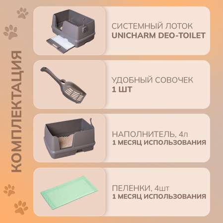 Cистемный туалет DeoToilet Unicharm Для крупных кошек открытого типа с высокими бортами цвет мокко набор