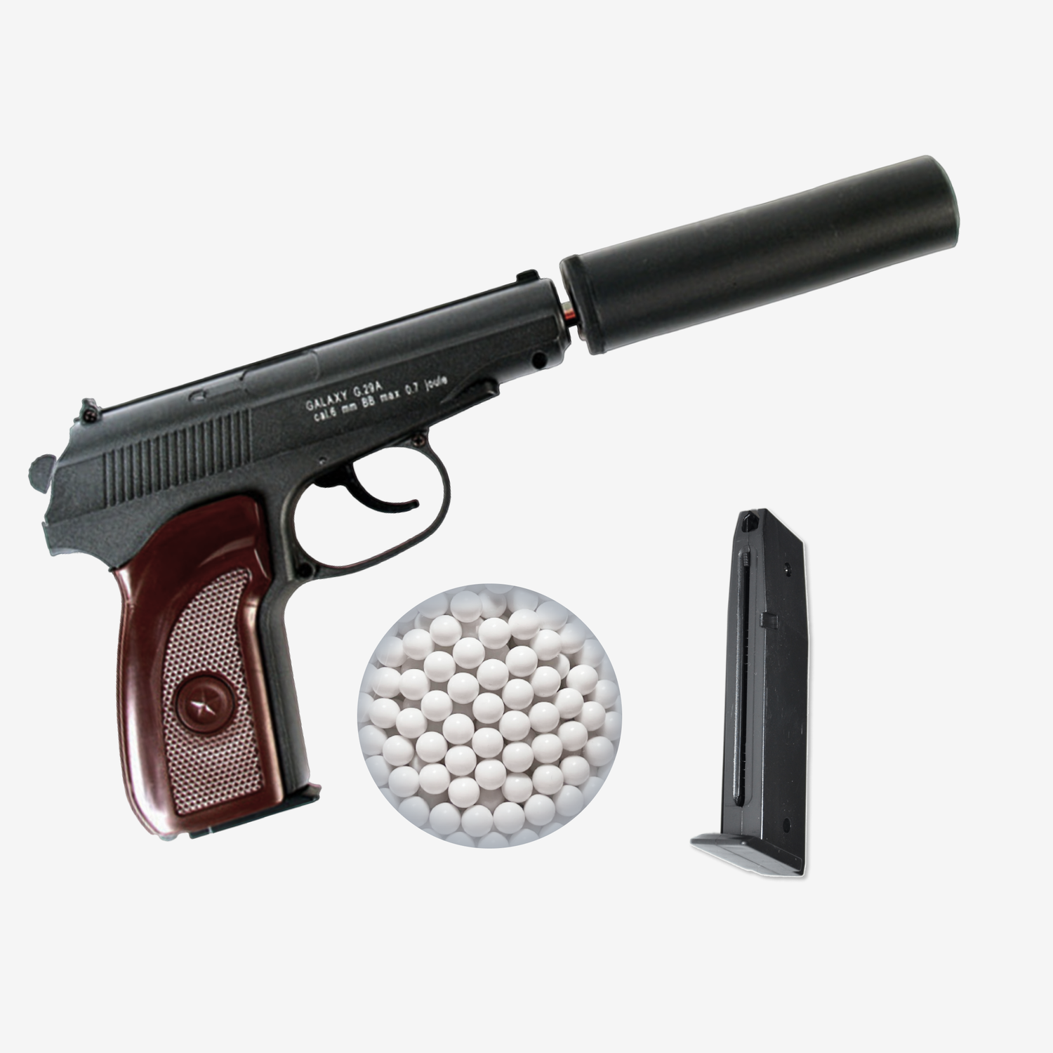Пистолет Galaxy Макарова с глушителем второй магазин и шарики 1000 шт - фото 1