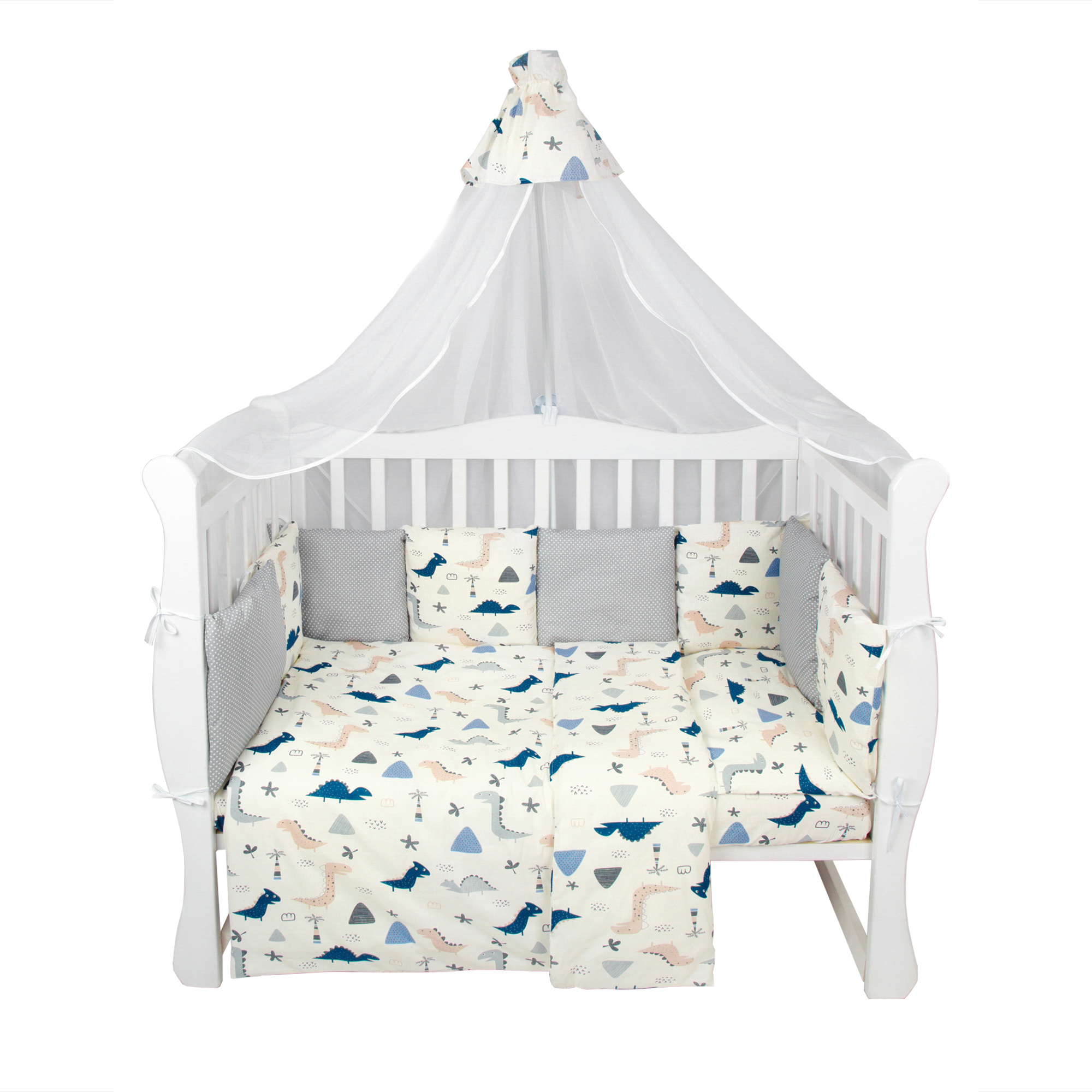 Комплект Premium AmaroBaby в кроватку 18 предметов: 6 + 12 подушек-бортиков Little dino бежевый серый - фото 1