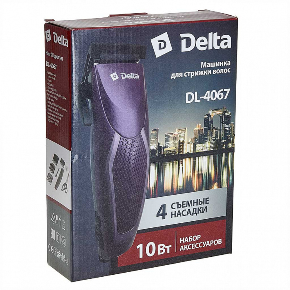 Машинка для стрижки волос Delta DL-4067 чёрный 10Вт 4 съемных гребня - фото 1