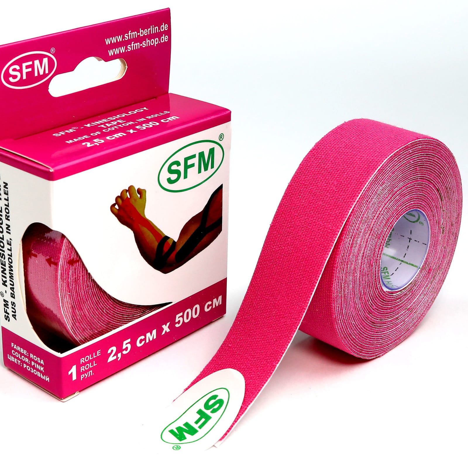 Кинезиотейп SFM Hospital Products Plaster на хлопковой основе 2.5х500 см розового цвета в диспенсере - фото 3
