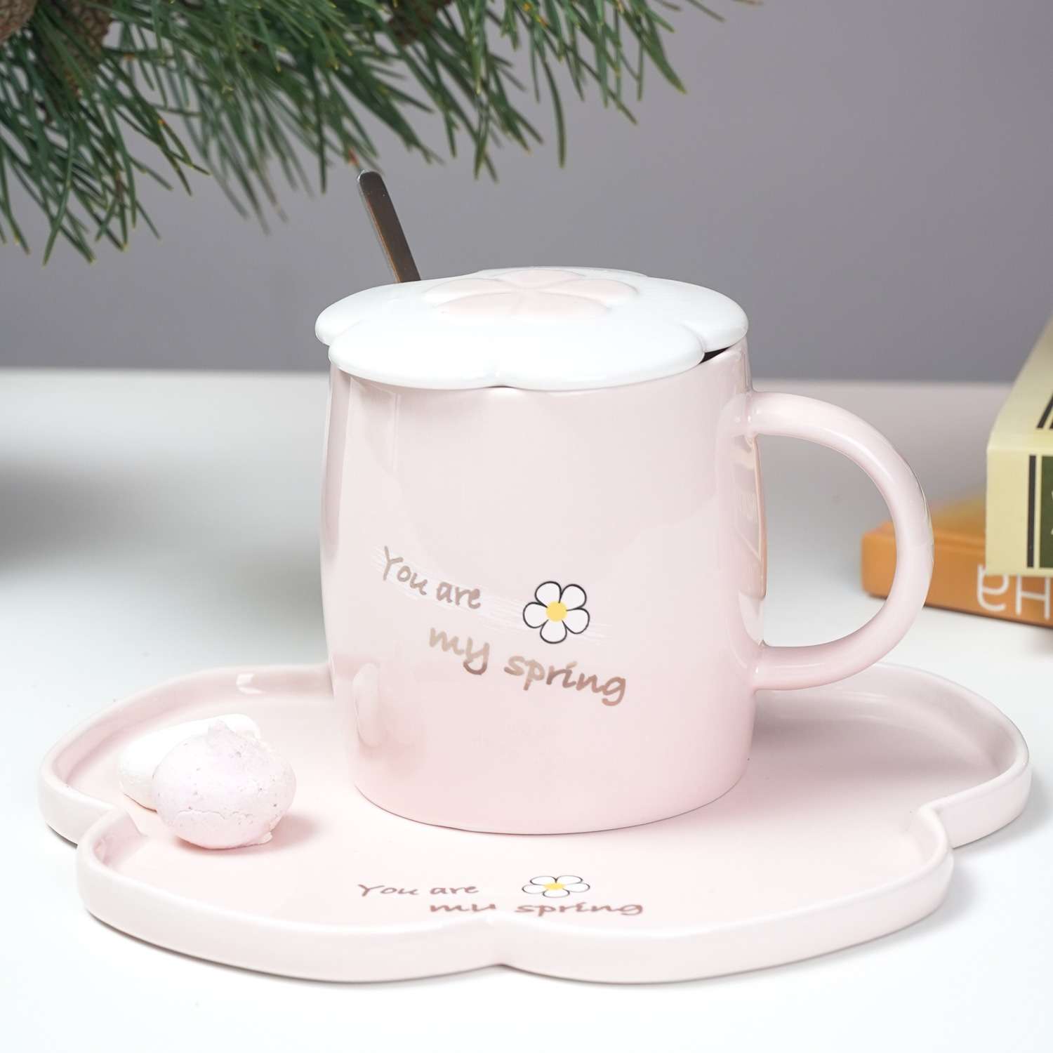 Чайный набор Solmax из кружки с блюдцем/крышкой и ложкой нежно-розовый TW06824 - фото 1