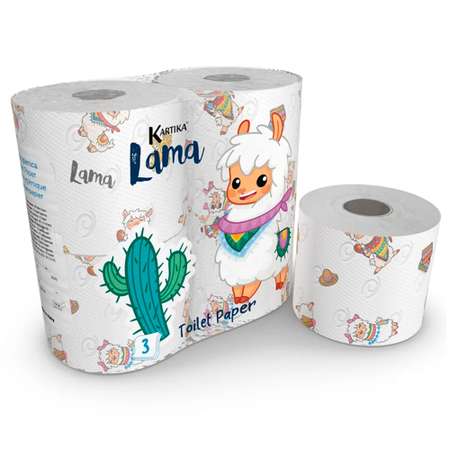 Туалетная бумага World cart с рисунком Лама 3 слоя 4 рулона по 200 листов