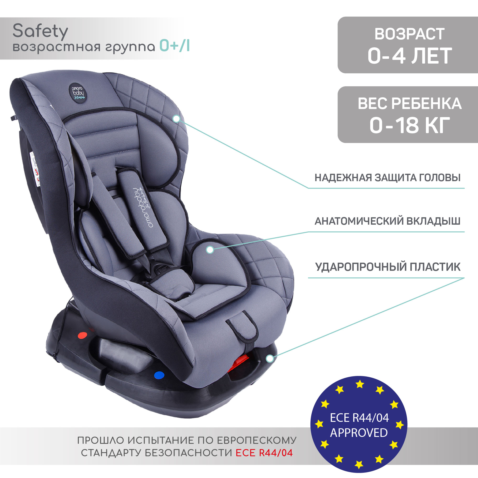 Автокресло детское AmaroBaby Safety группа 0+ серый чёрный - фото 3