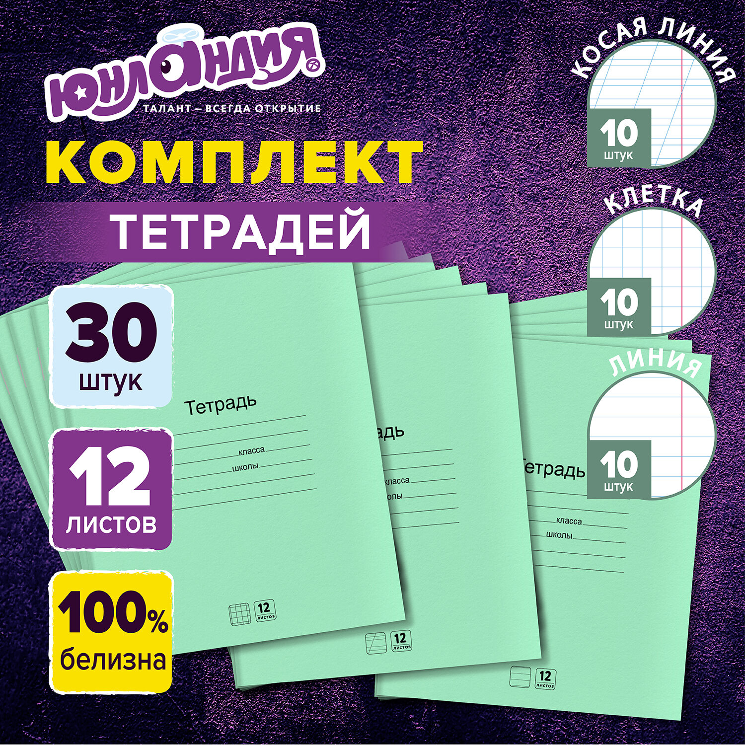 Тетрадь Юнландия в клетку линейку косую линейку 12 листов набор 30 штук для школы - фото 1