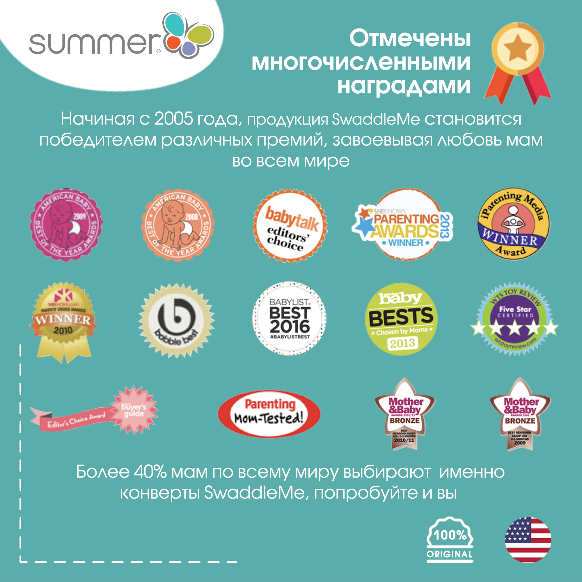 Конверт для новорожденных Summer Infant на липучке Swaddleme 2 шт размер S/M сафари/серые полоски - фото 6