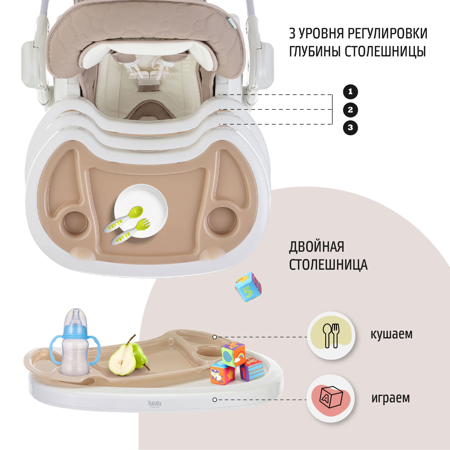 Стул-шезлонг для кормления Nuovita Tutela с тиснением Кофе с молоком - фото 6