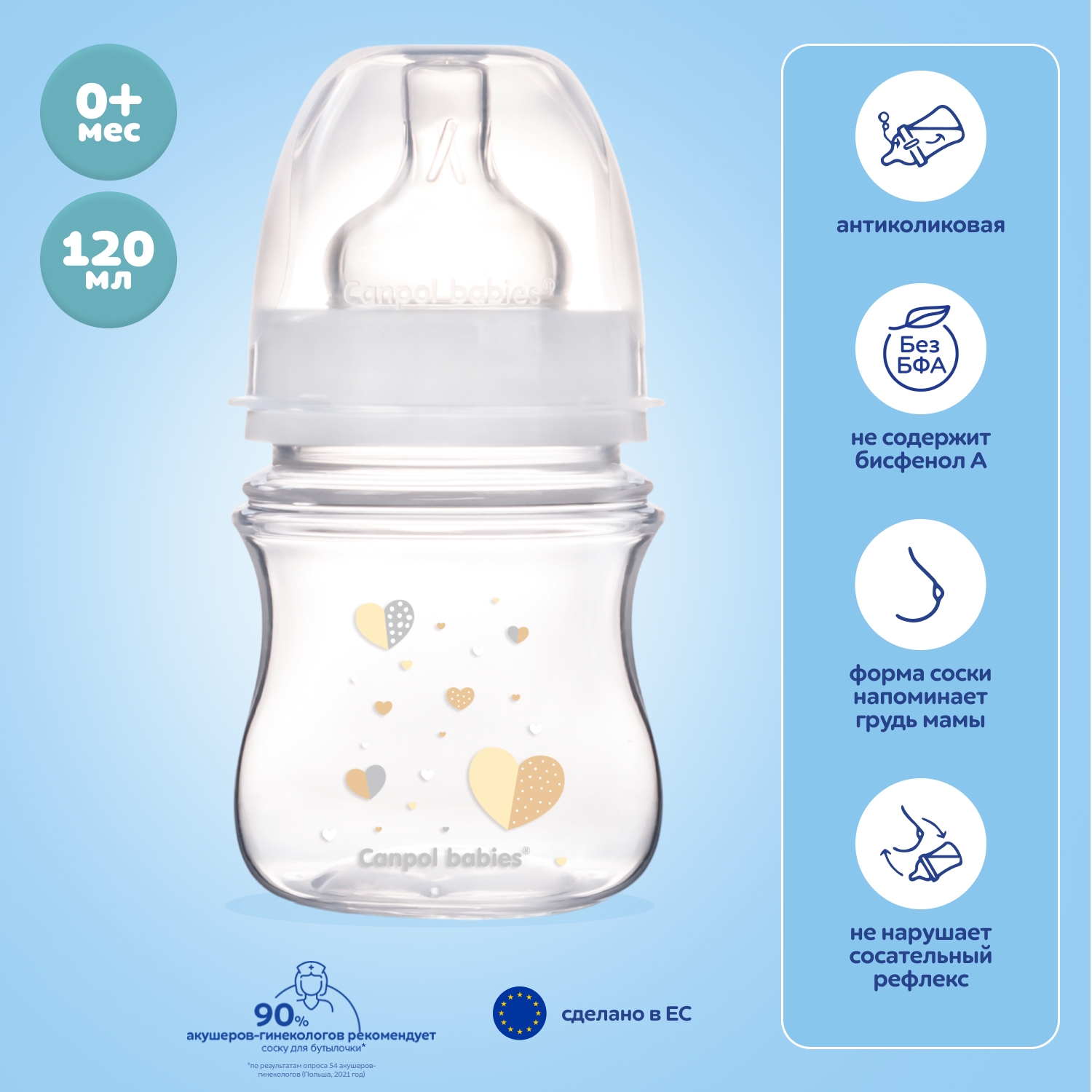 Бутылочка Canpol Babies Newborn baby EasyStart с широким горлышком антиколиковая 120мл с 0месяцев Белая - фото 1