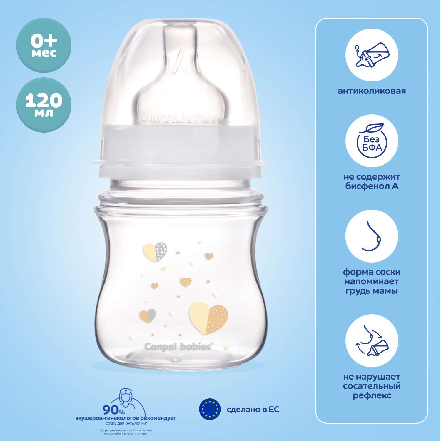 Бутылочка Canpol Babies Newborn baby EasyStart с широким горлышком антиколиковая 120мл с 0месяцев Белая - фото 1
