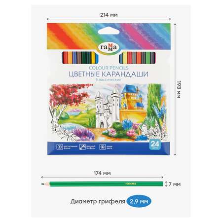 Карандаши цветные Гамма Классические 24 цвета заточенные картонная упаковка европодвес