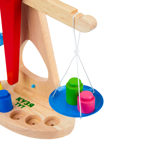 Развивающая игра из дерева КУЗЯ ТУТ Весы игрушечные с гирьками и металлическими чашами