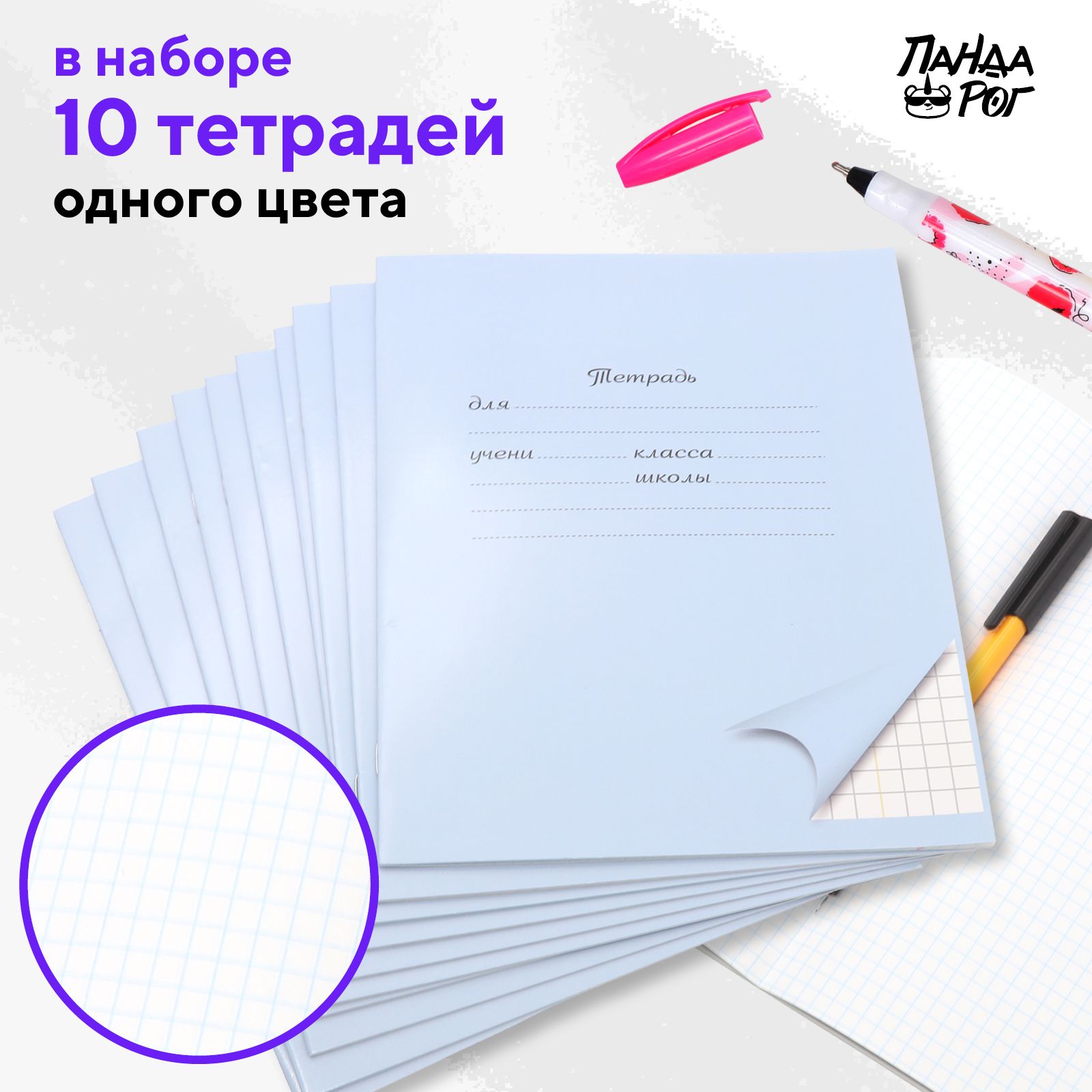 Тетради школьные в клетку ПАНДАРОГ 18 л картонная обложка набор 10 шт голубые - фото 1