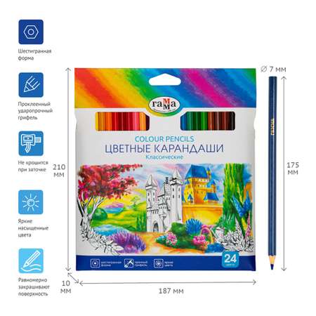 Карандаши цветные Гамма Классические 24 цвета заточены картонная упаковка европодвес