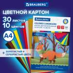 Цветной картон Brauberg набор А4 для школы матовый 30 листов 10 цветов в папке