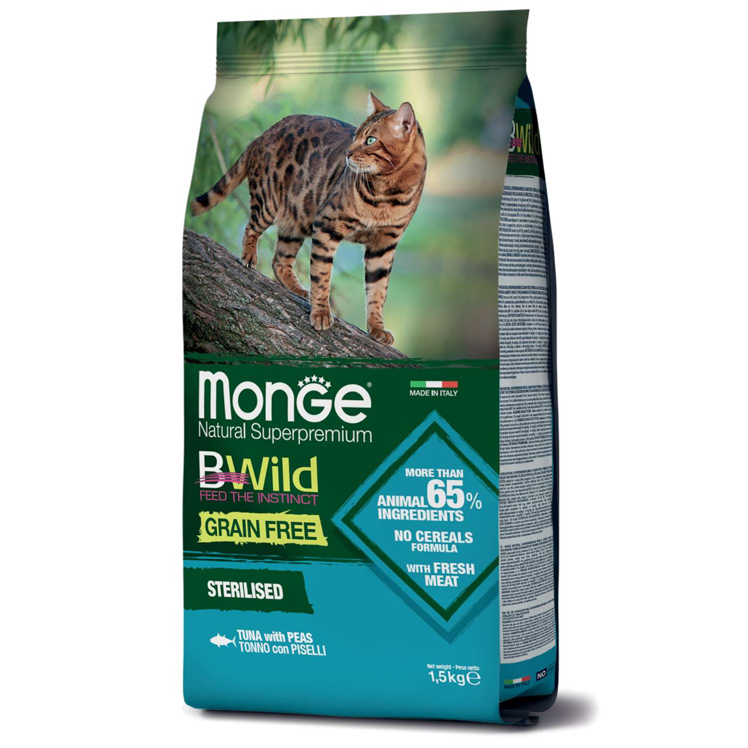 Корм для кошек MONGE BWild Grain free стерилизованных из тунца и гороха 1.5кг - фото 2