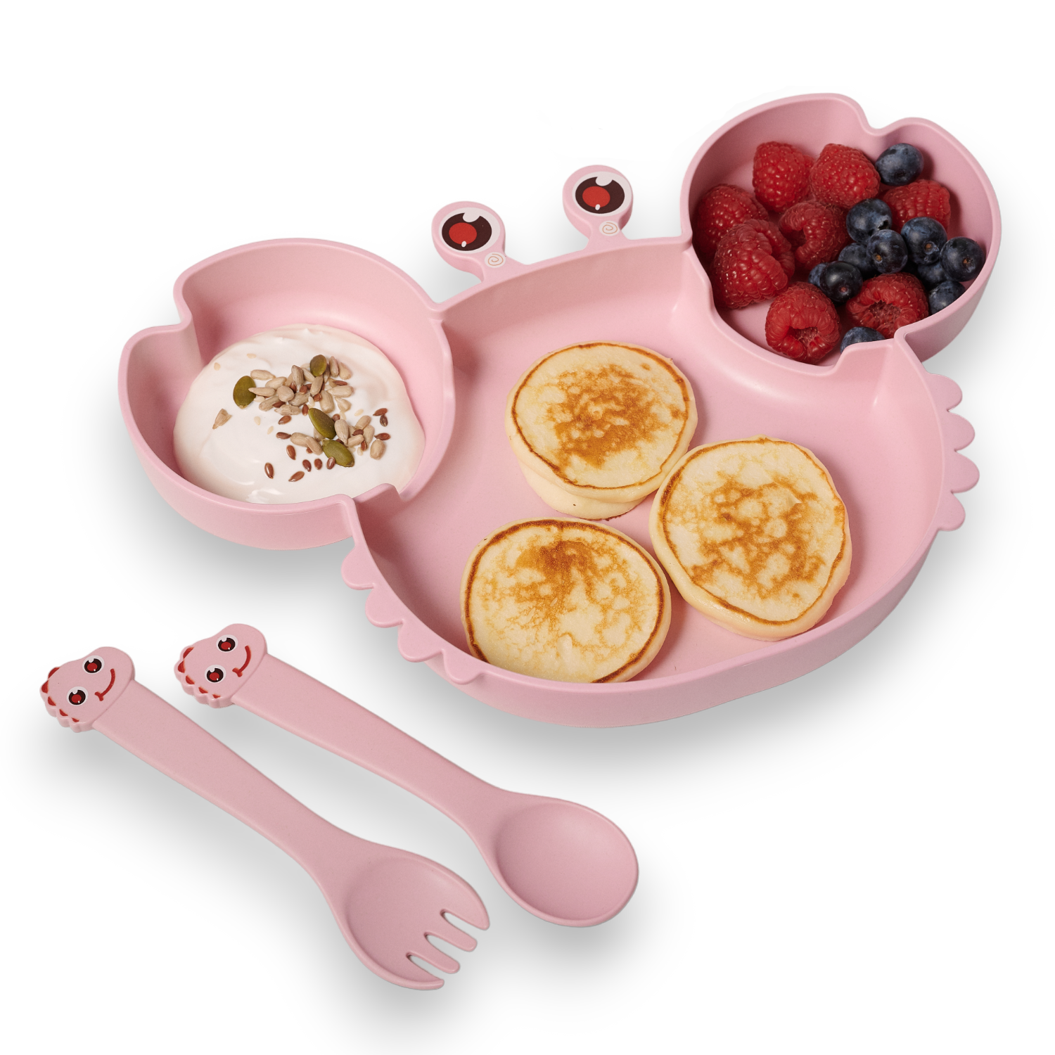 Набор детской посуды Добрый Филин Тарелка вилка ложка Крабик розовый 4 предмета - фото 1