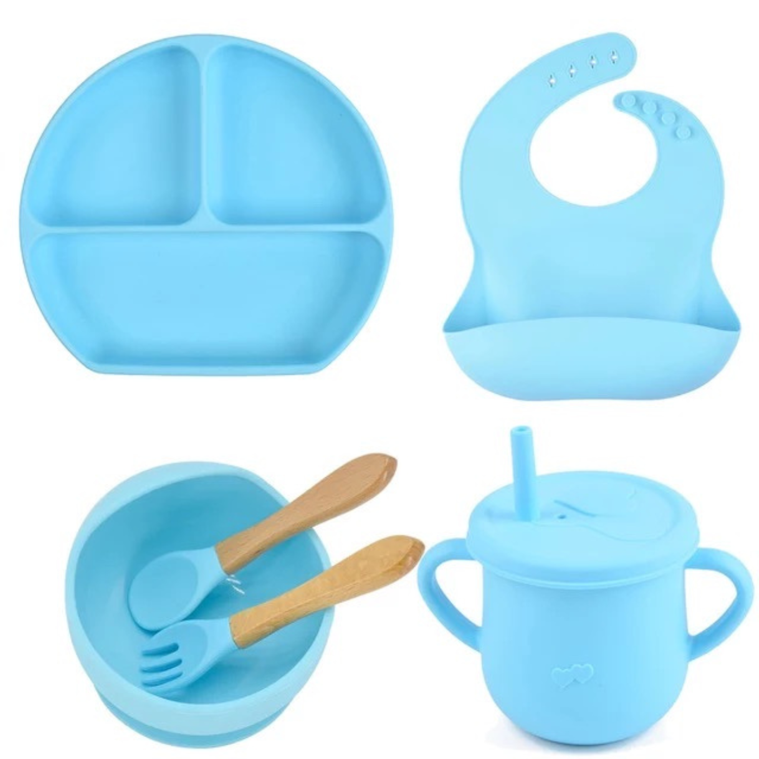 Набор посуды PlayKid для кормления силиконовый 7 предметов бирюзовый - фото 1