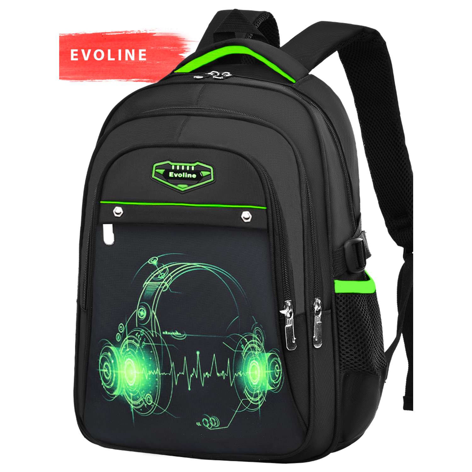 Рюкзак школьный Evoline Черный зеленые наушники 45см спинка BEVO-headph-1 - фото 1