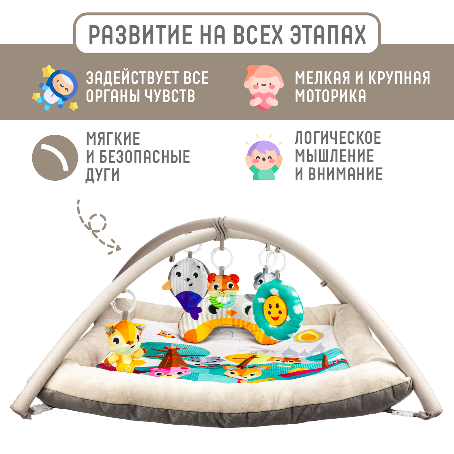 Развивающий игровой коврик Solmax для новорожденных с дугой и игрушками бежевый/голубой - фото 2