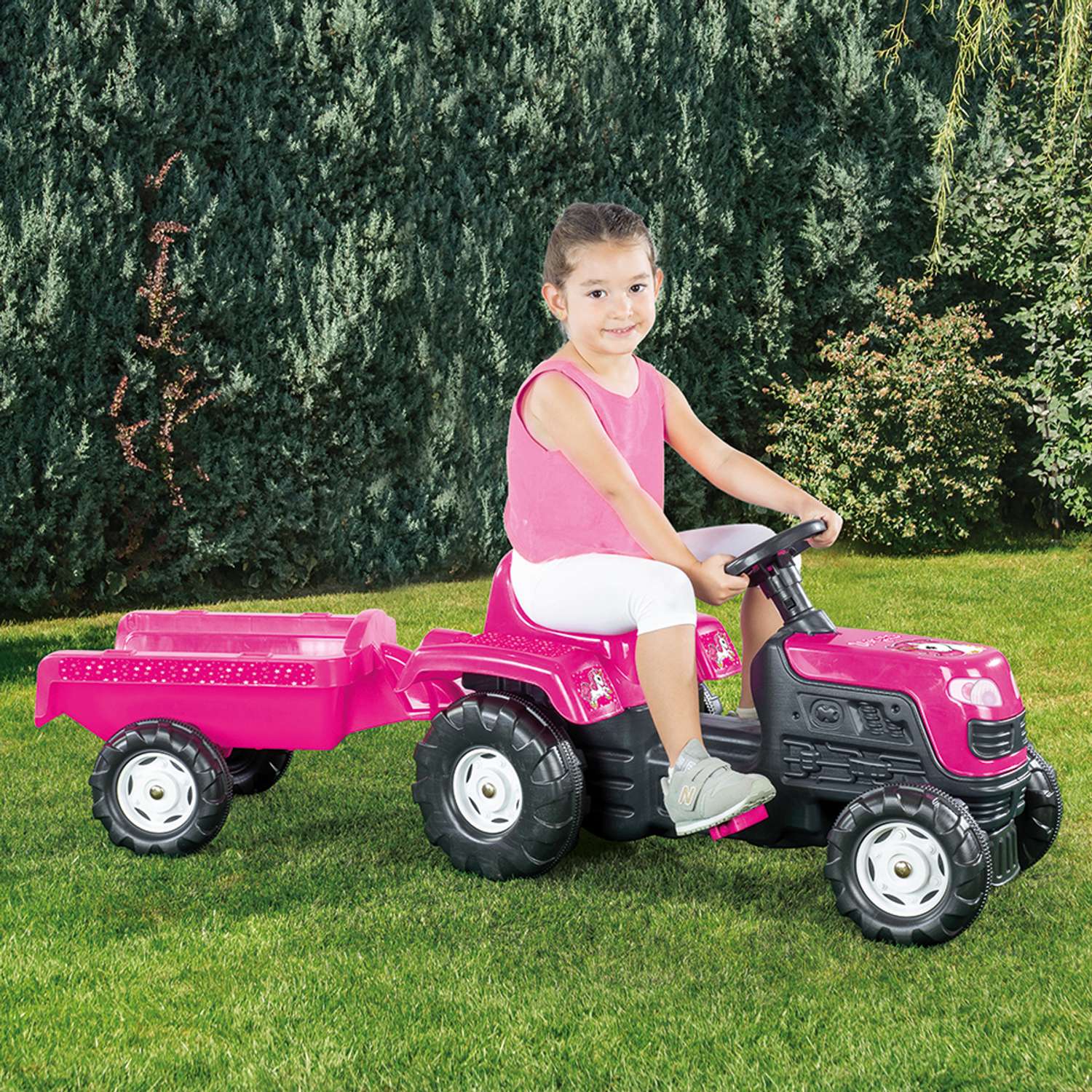 Трактор педальный DOLU Unicorn с прицепом клаксон розовый - фото 2