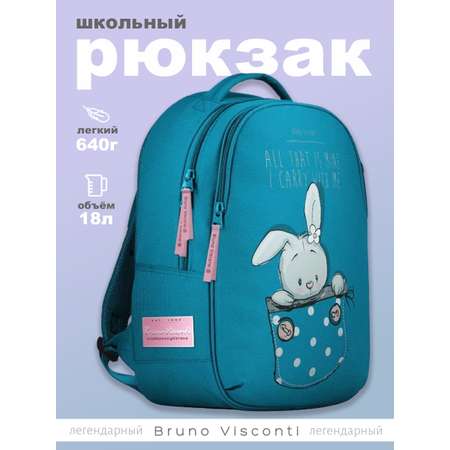 Рюкзак школьный Bruno Visconti классический суперлегкий бирюзовый с эргономичной спинкой Карманные Животные Зайка