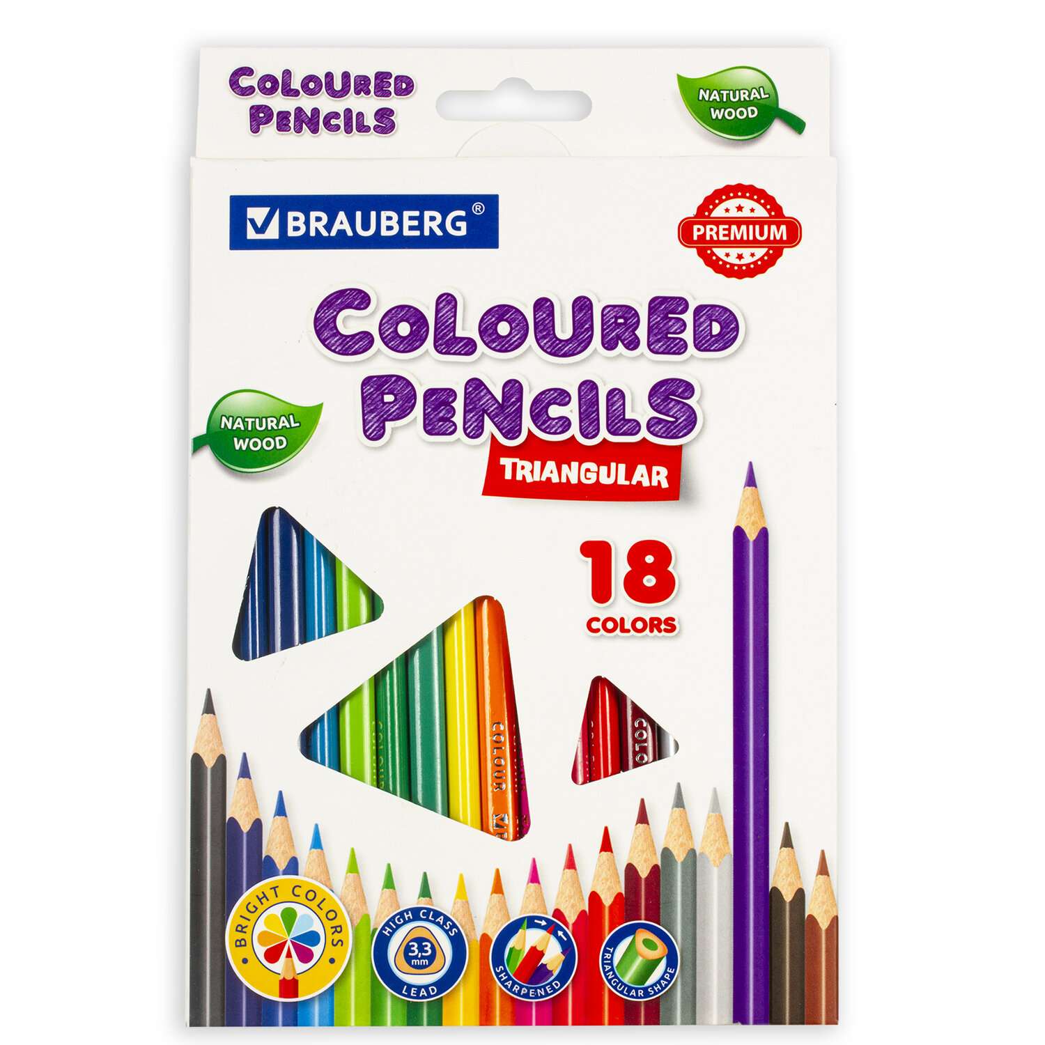 Карандаши цветные Brauberg для рисования набор 18 цветов трехгранные грифель мягкий - фото 1